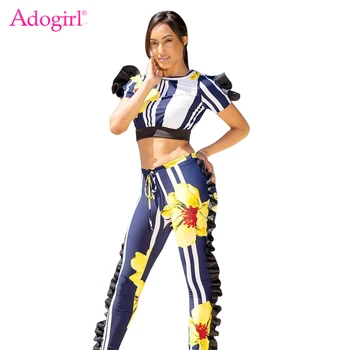 

Adogirl Floral Print Colorful Striped Ruffle Women Two Piece Set Short Sleeve Crop Top Pencil Pants Ladies Casual Summer Suits