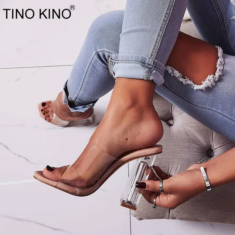 

TINO KINO Women Transparent Open Toe Summer Slippers Fashion Pumps Ladies Candy Color Square High Heels Female Plus Size Shoes