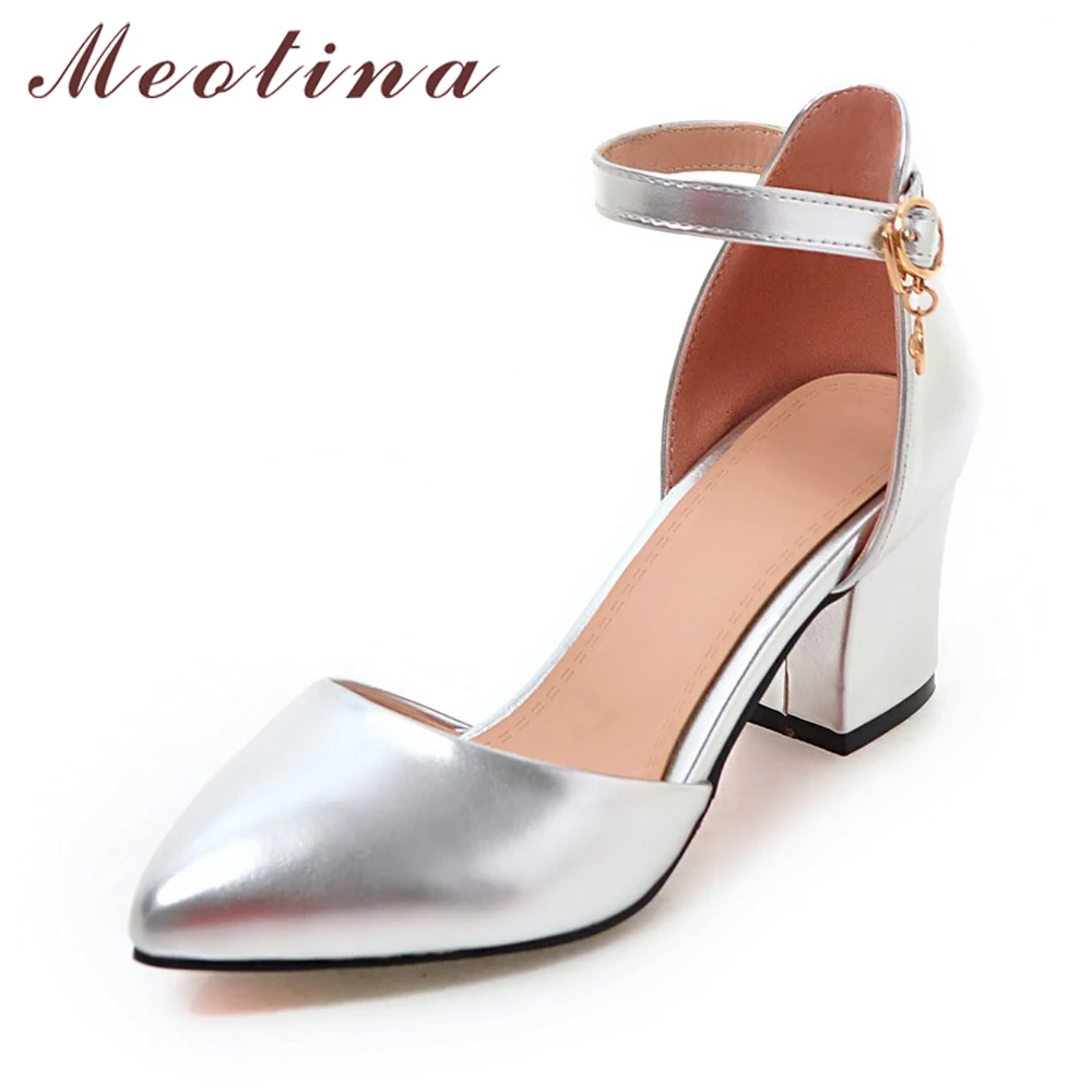 Meotina/обувь г. Новые женские весенние туфли-лодочки на высоком каблуке Летняя обувь на толстом каблуке, обувь с ремешком на щиколотке серебристого цвета, размеры 34-43