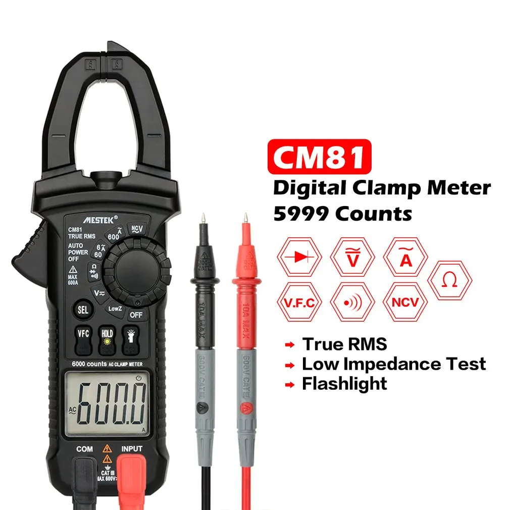 MESTEK CM81 цифровой клещи True RMS мультиметр 5999 отсчетов AC/DC Вольт Ампер Ом LowZ NCV диод тестер с фонариком