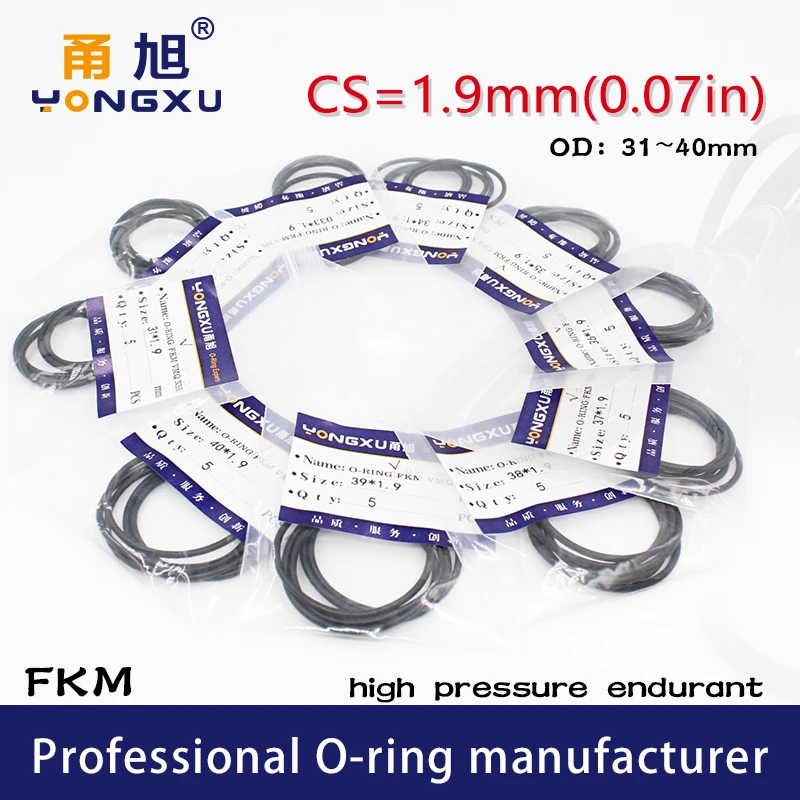 

5PCS/lot Black FKM Fluorine Rubber O-rings Seals CS1.9mm OD31/32/33/34/35/36/37/38/39/40*1.9mm ORings Seal Gasket Sealing Washer