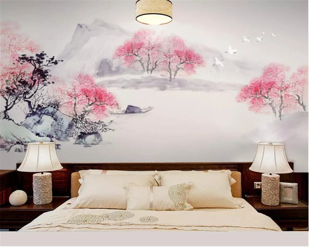 

beibehang Custom wallpaper mural modern Peach blossom forest ink landscape Living room bedside table background 3d wallpaper