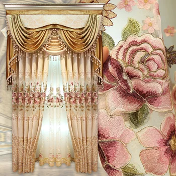 

Custom curtains high-class European living room bedroom Gold embroidery Shading noise cloth blackout curtain valance E962