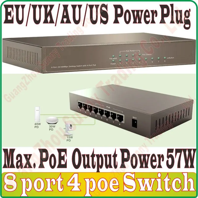 Бесплатная доставка 8 портов 4 poe коммутатора IEEE802.3af at PoE подходит для всех видов