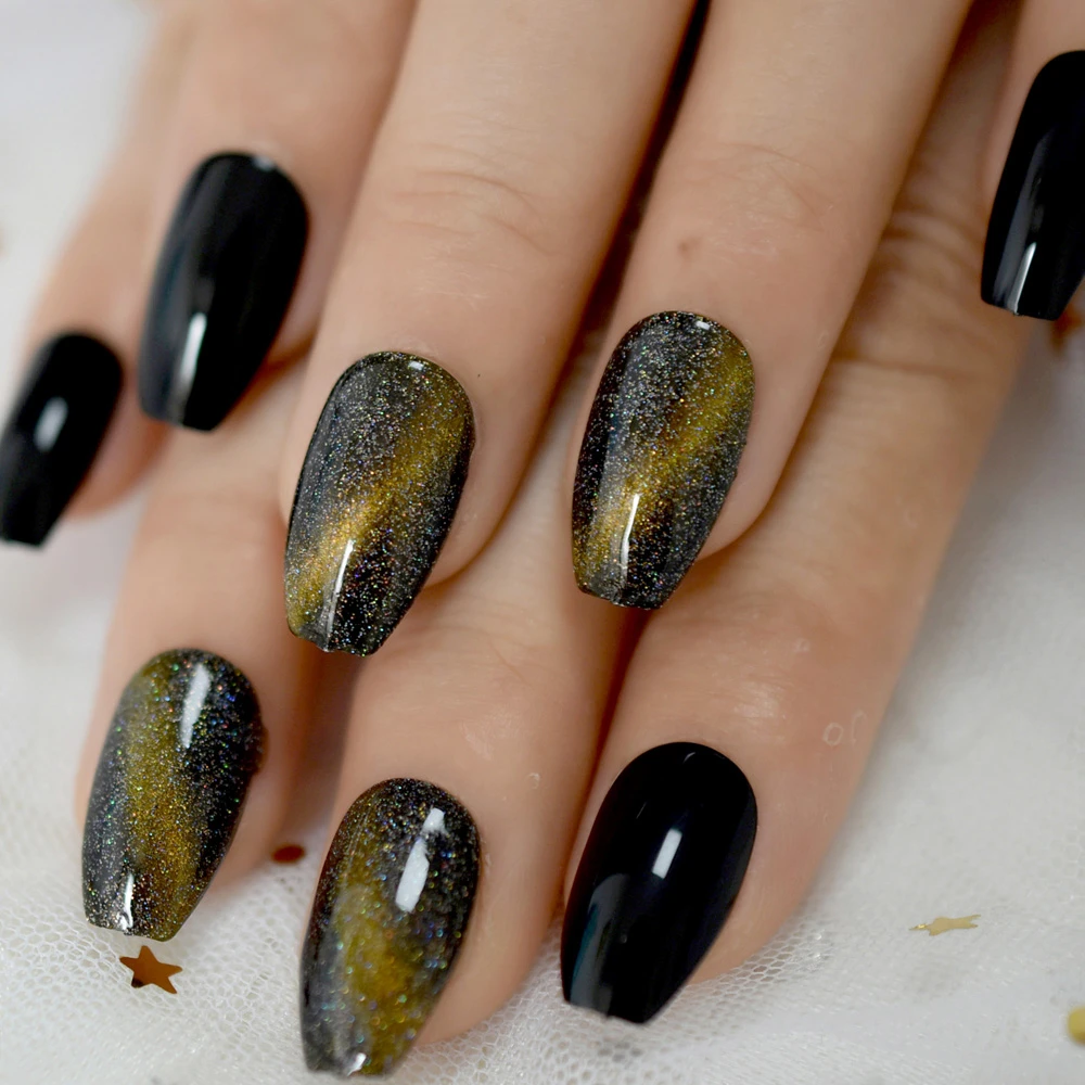 Uñas postizas Galaxy Cat Eye Gel esmalte de uñas dorado, cielo nocturno ataúd uñas postizas hechas a mano Aliexpress