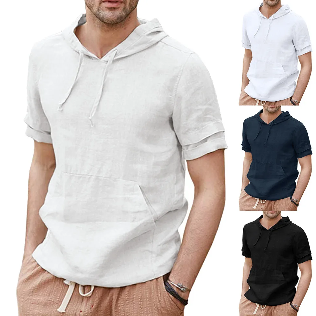 Летняя хлопковая Льняная мужская рубашка с коротким рукавом и капюшоном, крутая рубашка европейского размера, свободные рубашки высокого качества z0521