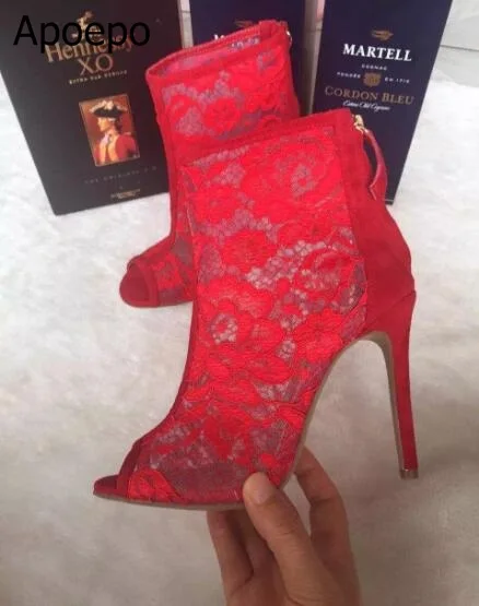 Lace Design Spring Winter Wedding Women Peep Toe Zipper Shoes Solid White Red Thin High Heels Sweet Fretwork Ankle Boots Women Women's Shoes
