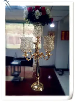

Gold Right 5 Arm Tuilp Candelabra 6*8inch*5pcs Tuilp H35inch Crystal Wedding Decoration Candlestick