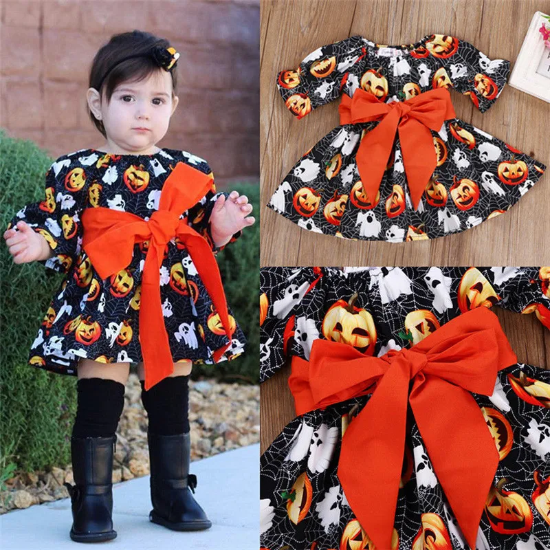 

Halloween Toddler Baby Kids Girls Clothing Dresses Casual Festival Party Pumpkin Bow Belt Cute Dress Girl 1-6T