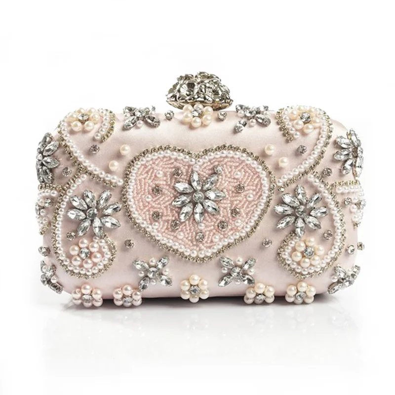 

Luxury Crystal Evening Bag Handmade Style Rhinestones Pearl Women Evening Bags Vintage Satin Lady Party Wedding Clutches Purses