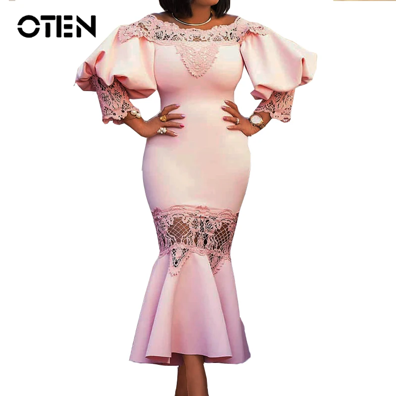 

OTEN Mermaid lace dress Women 2018 New Arrival Sexy Off shoulder Hollow Out midi Elegang Ladies Evening Party special dresses