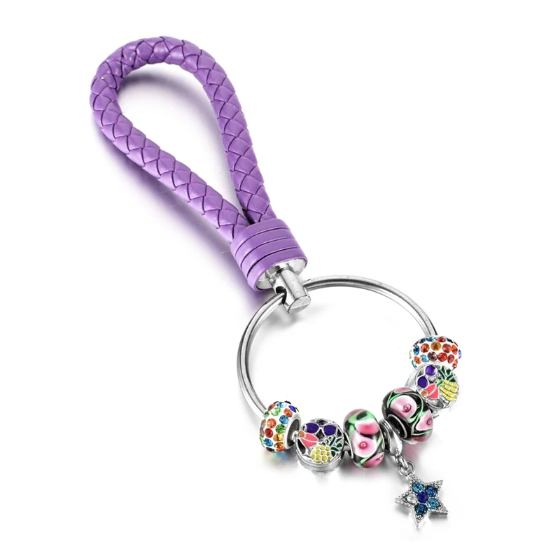 

KEORMA Original Design Blue Star Pendant Colorful Enamel Charms Beads Key Chain with Purple Leather Chain Boutique Car Key Chain
