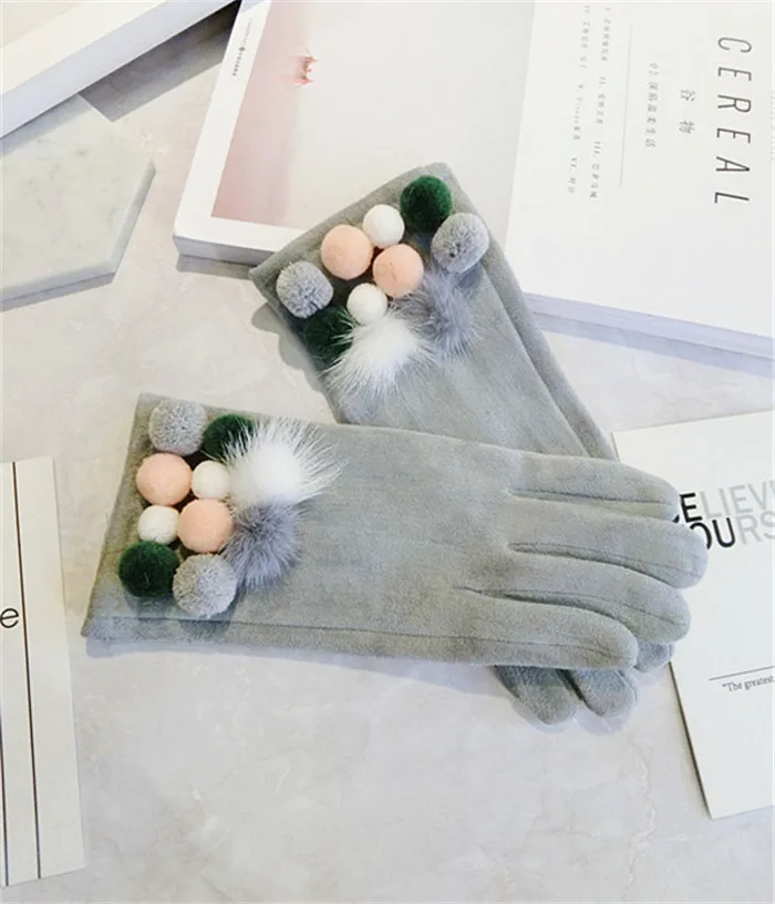 Брендовые перчатки замшевые кожаные перчатки женские зимние перчатки с разноцветными шариками модные зимние варежки для женщин 5 цветов - Цвет: Серый