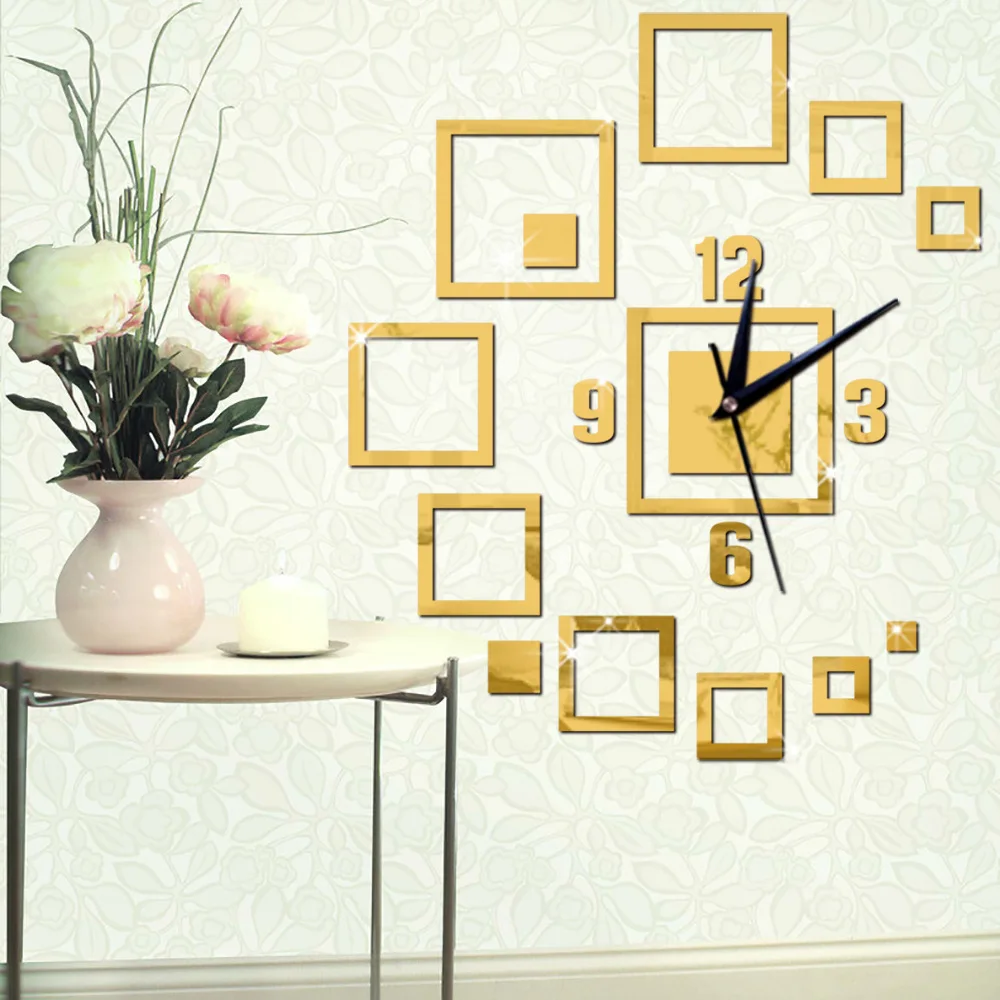 Квадратные 3D DIY цифровые настенные часы современный дизайн зеркальные настенные часы для гостиной наклейка Horloge Murale Klok - Цвет: Золотой