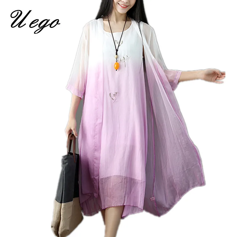 

Uego Fashion Two Piece Set Summer Dress Suits Gradient Color Silk Embroidery Floral Loose Women Casual Dress 2019 New Dress