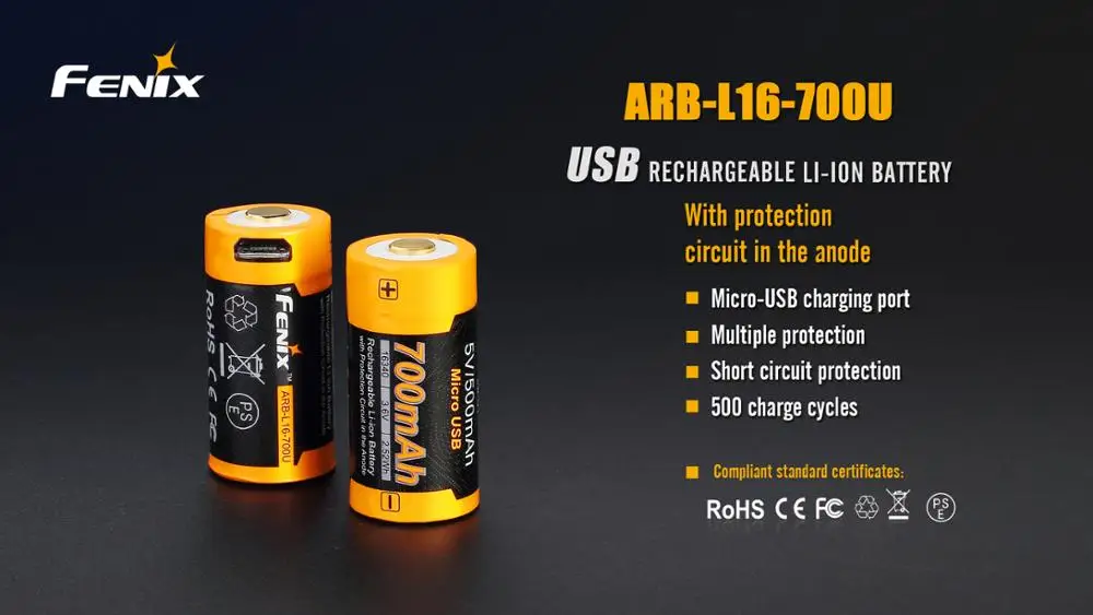 1 шт Fenix ARB-L16-700U USB Перезаряжаемый 700mAh литий-ионный аккумулятор 16340 RCR123A