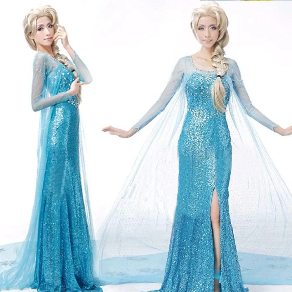 Adult Elsa Princess Dress Queen Anna Costume Princess Elsa Cosplay Costume Female Sexy Halloween Party Dress with Wig