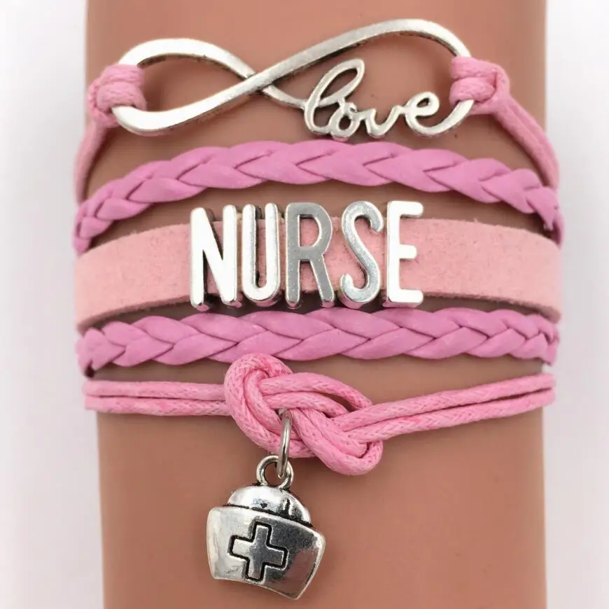 

Silver Infinity Nurse Hat Charms Leather Bracelet Alloy Wax Cords Bangle Wrap Wristbands Men Women Handmade Fashion Jewelry Gift