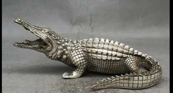 

SHUN 10" Folk Chinese FengShui Silver Strong Guard Animal Crocodile Alligator Statue