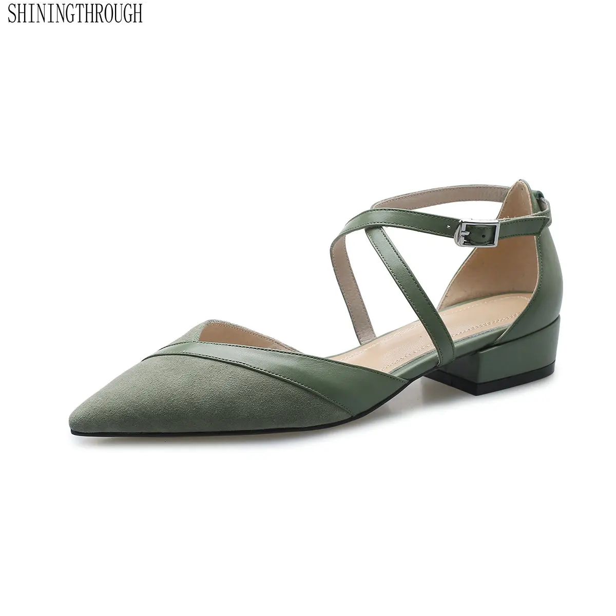 

New brand genuine leather women heels shoes girls poined toe fashion low heel shoes woman work shoes
