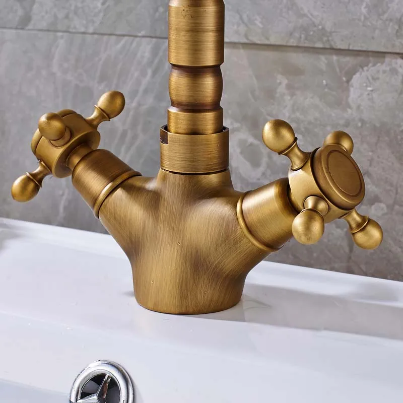 Dual Handle Swivel Bathroom Kitchen Sink Faucet Antique Brass Mixer Tap With Hot And Cold Water Deck Mounted basin faucet bathroom faucet kitchen faucet