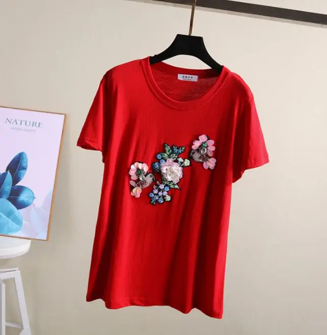 Летние женские бусины в форме цветов, футболка с короткими рукавами и пайетками, универсальная хлопковая рубашка для девочек-студентов, базовые Топы, пуловер, футболки