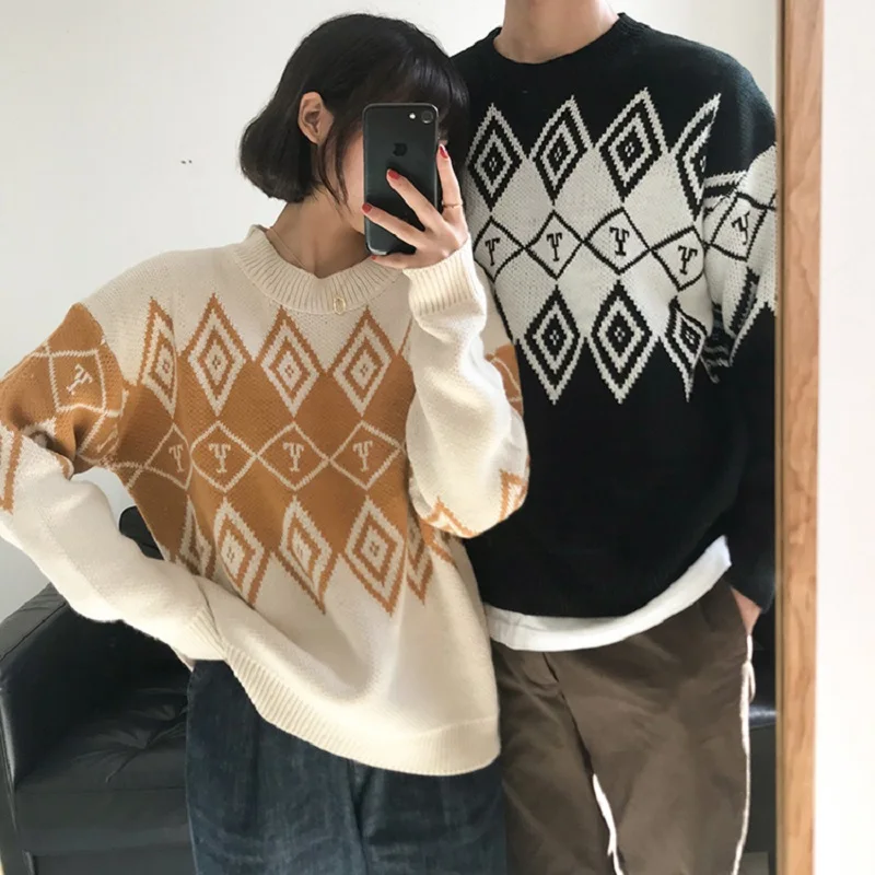 

Winter new Korea ulzzang sweater female chic pullovers fashion loose O-neck casual diamond simple women knitted sweater