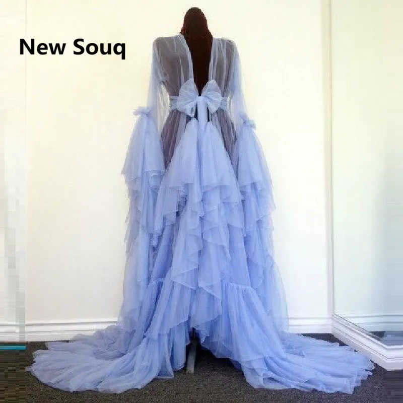 

2016 Sexy A Line Transparent Tulle Dress Sarees For Women Fold Abendkleider Lang Tiered Long Sleeve Evening Gowns Dresses Party