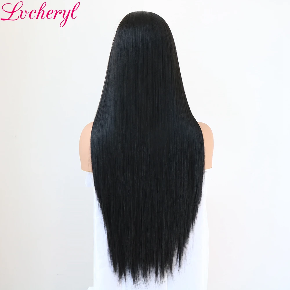 Lvcheryl Long Natural Straight Black Color Lace Front Wigs Hand Tied Glueless Heat Resistant Synthetic Hair Wigs for Womens
