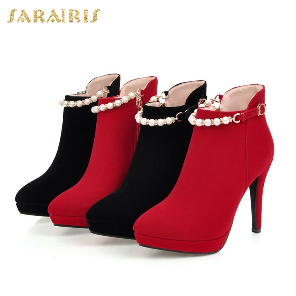 SARAIRIS/; большие размеры 32-43; ботильоны; модная женская обувь на платформе с острым носком на высоком тонком каблуке, украшенная жемчугом; женские ботинки