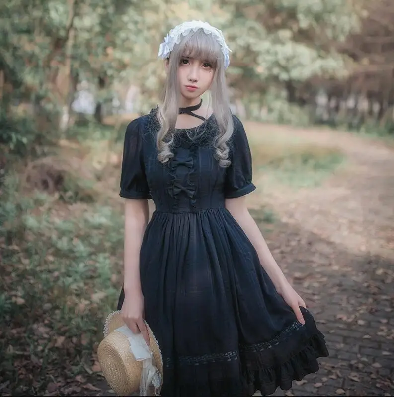 

Sweet lolita dress retro lace bowknot o-neck victorian dress kawaii girl gothic lolita op palace princess loli cos summer