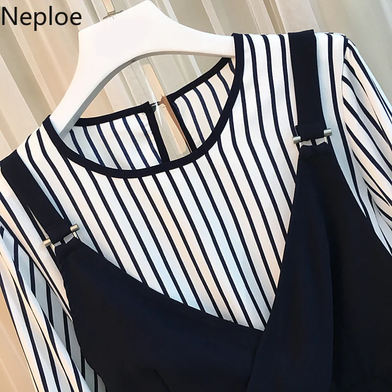 Neploe/женский комплект 2 шт. полосатые рубашки с длинными рукавами и круглым вырезом в стиле пэчворк+ однотонные Стрейчевые длинные прямые штаны модные костюмы 43858