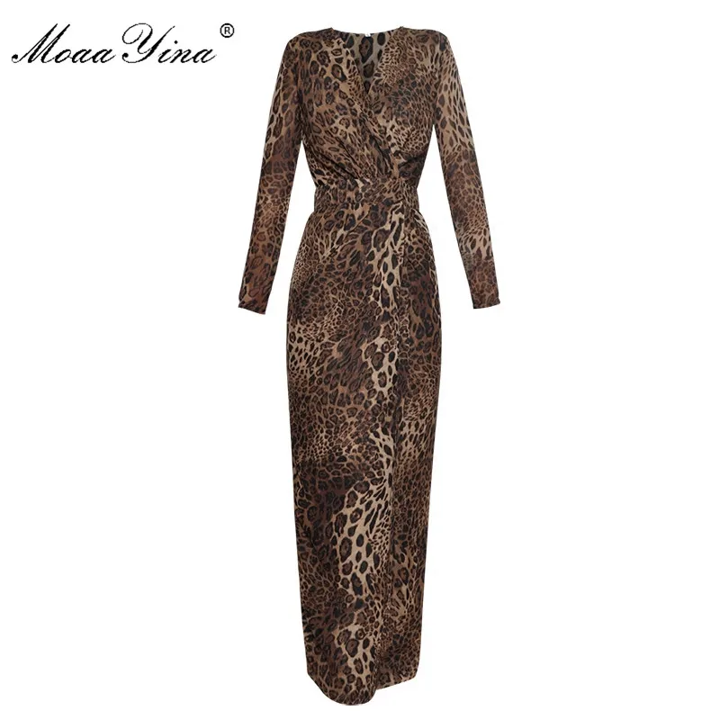 

MoaaYina Fashion Designer Runway Maxi Dress Spring Women V collar Long sleeve Leopard Slim Package hip Split Noble Elegant Dress