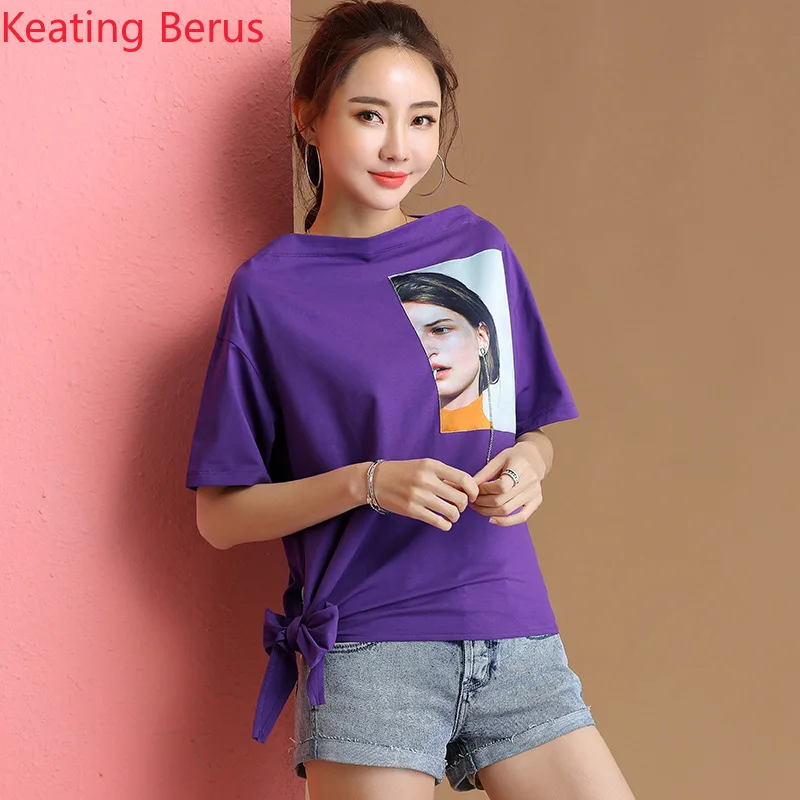 

2019 Women's Summer Short Sleeve T-Shirt Fashion Loose Print Women's Cotton Short Sleeve Women's Top Black Purple 5 Colors 1193