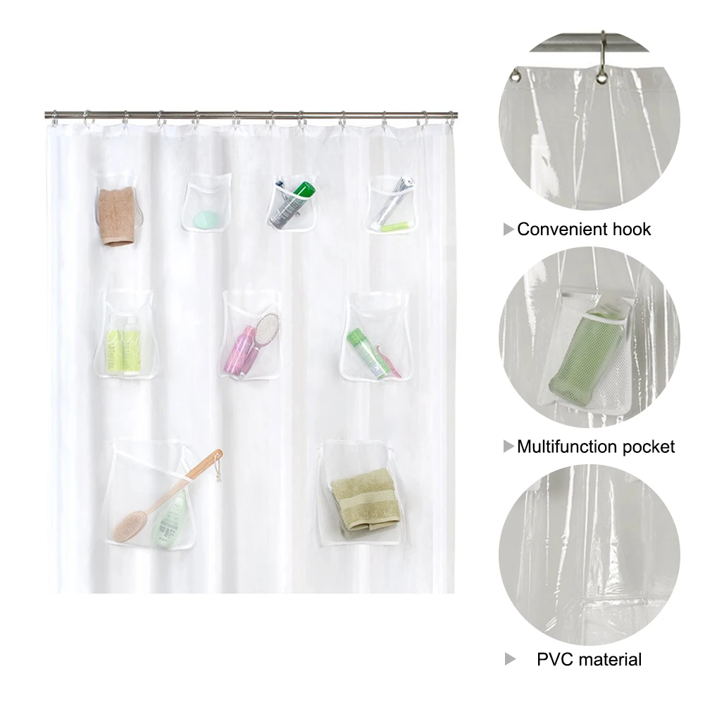 Creative 9 Pockets Bath Organizer Shower Curtain Hooks Mesh Accessories