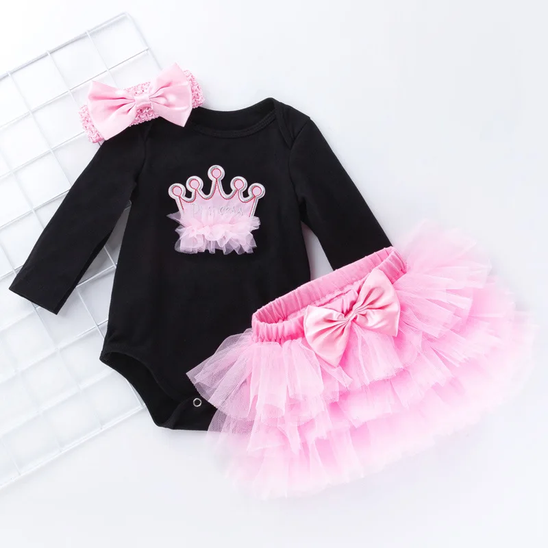 Детская одежда для новорожденных девочек комплекты маленькая принцесса девушки 1st детские комбинезон на день рождения+ многослойная юбка+ лента для волос для девочки От 1 до 2 лет комплект одежды - Цвет: Серый