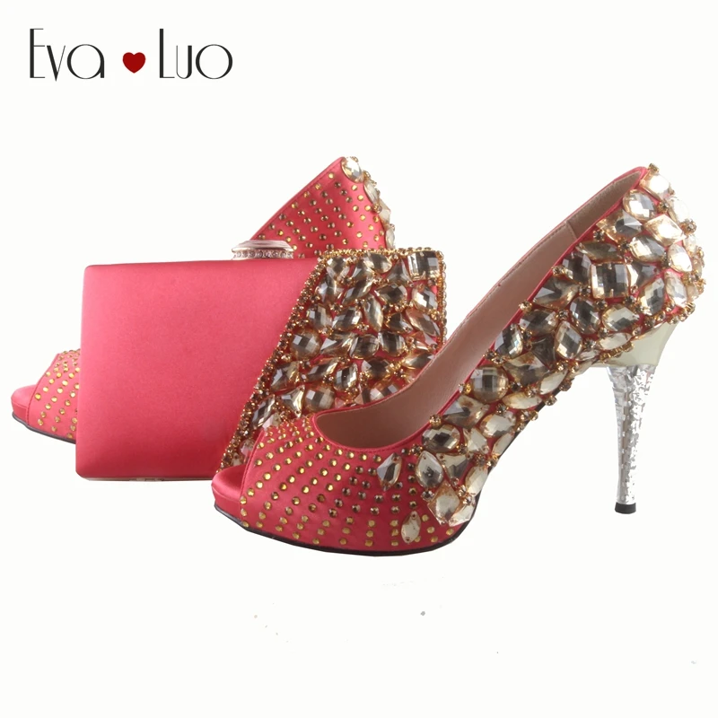 BS035 Handmade Coral Italian Shoes With Matching Bags Set Crystal Dress ...