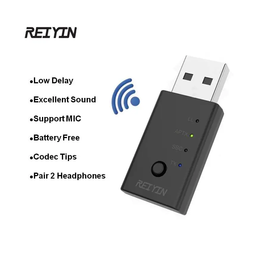 Reiyin WT-04 USB Wireless Bluetooth 5.0 Transmitter Used for PC Game Consoles Audio Adapter with aptX Low Latency Technology 