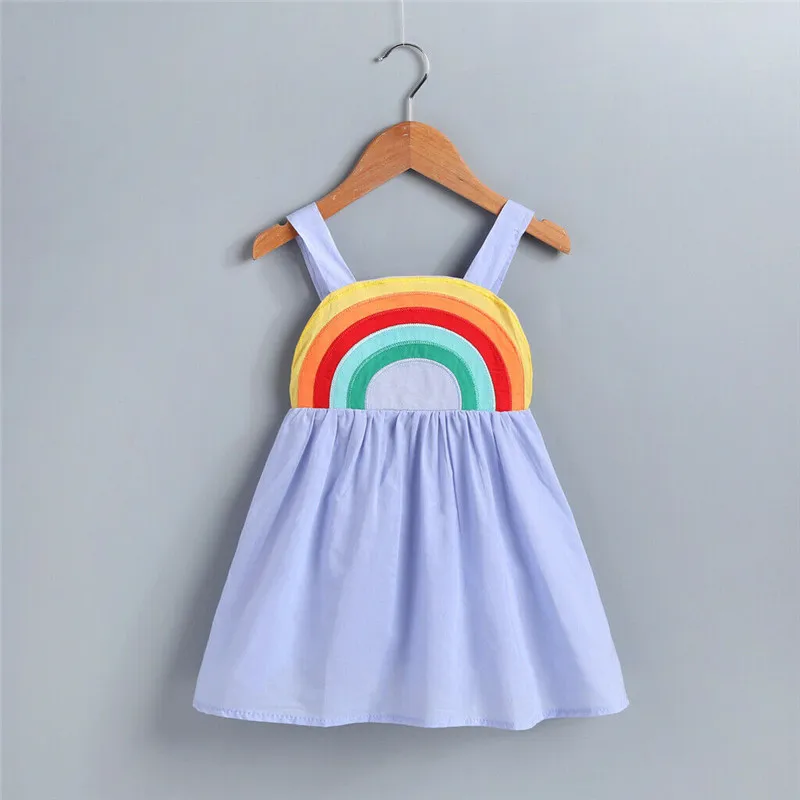Милое Радужное платье на бретельках для маленьких девочек летние мини-платья без рукавов для девочек хлопковая одежда сарафан трапециевидной формы с бретельками и открытой спиной 1-6Y