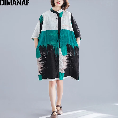 Женская льняная блузка DIMANAF, длинная хлопковая рубашка большого размера, повседневное базовое платье-рубашка свободного кроя, винтажное просторное платье для лета - Цвет: Ben98940CN-green