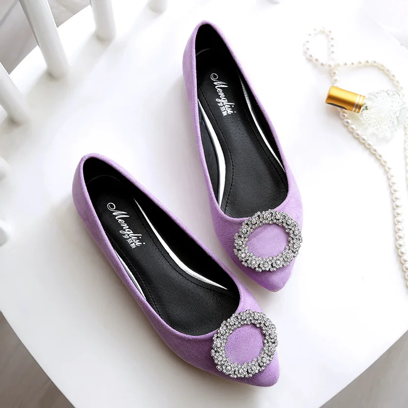 

Plus Size 35~43 Spring Pink Crystal Flat Shoes Ladies Slip On Loafers Rhinestone Suede Leather Single Shoes Pointed Toe Flats