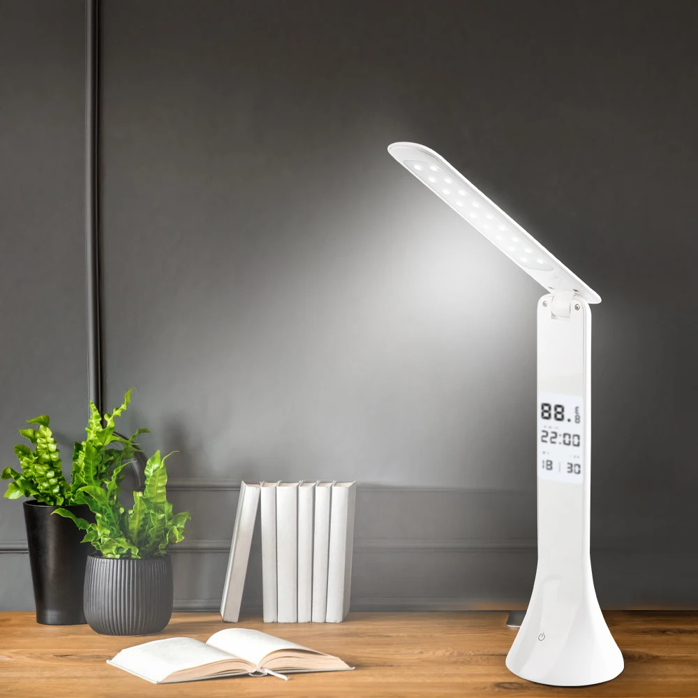 LED Desk Lamp with Calendar Temperature Alarm Clock Table Lamp Foldable