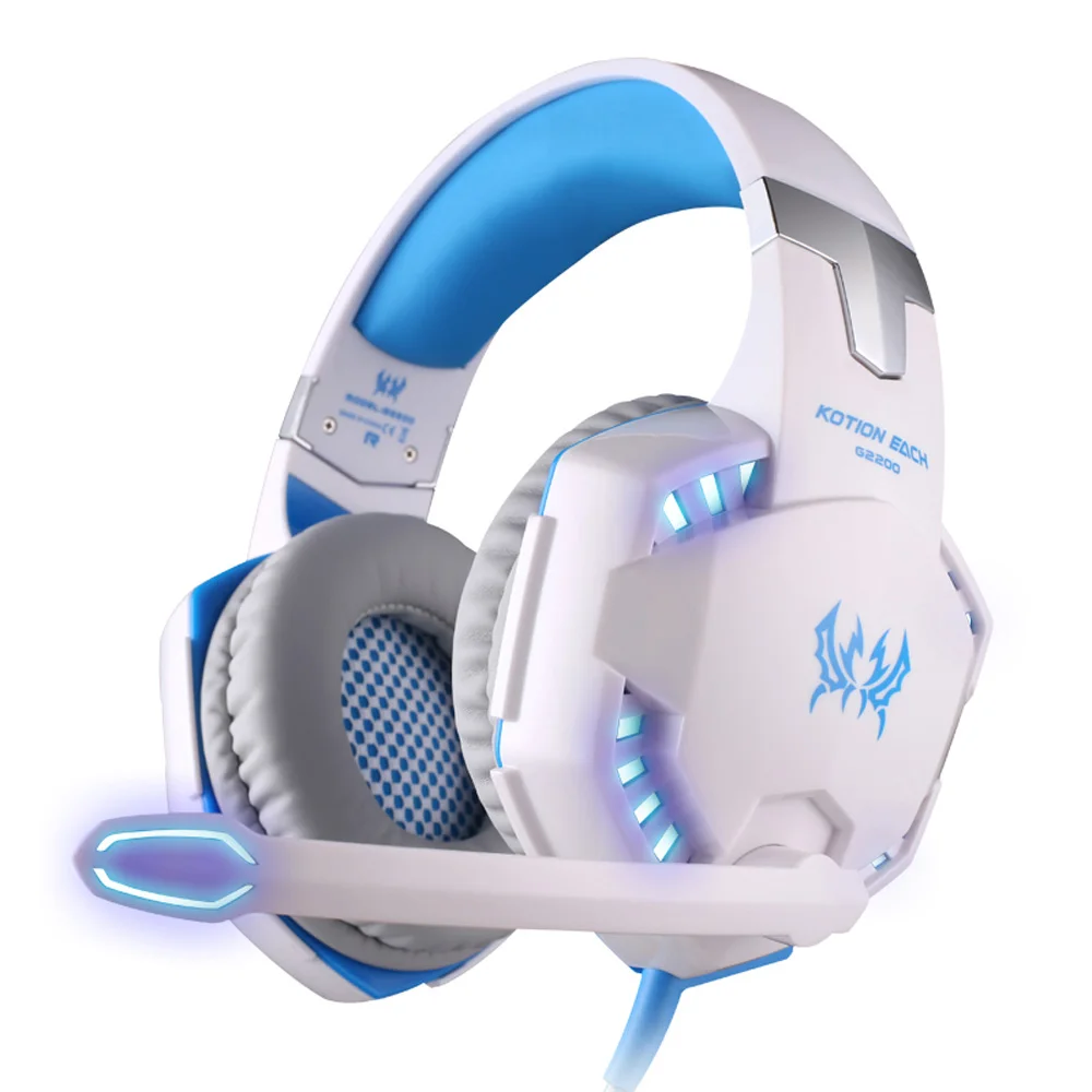 KOTION EACH G2200 Игровые наушники с USB 7,1 объемная стерео головная повязка гарнитура с функцией вибрации, звука с микрофоном Led Light вращающийся наушник - Цвет: White Blue