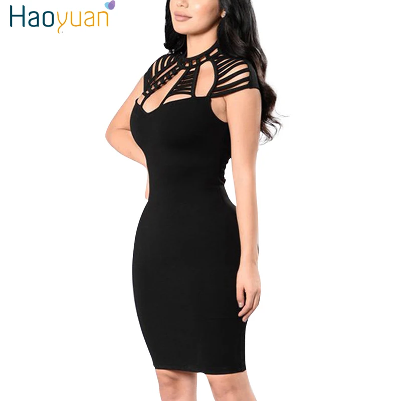 

HAOYUAN Black Summer Dress Women Vestidos Short Sleeve Hollow Out Back Zipper Bodycon Bandage Dress 2018 Sun Robe Sexy Dresses
