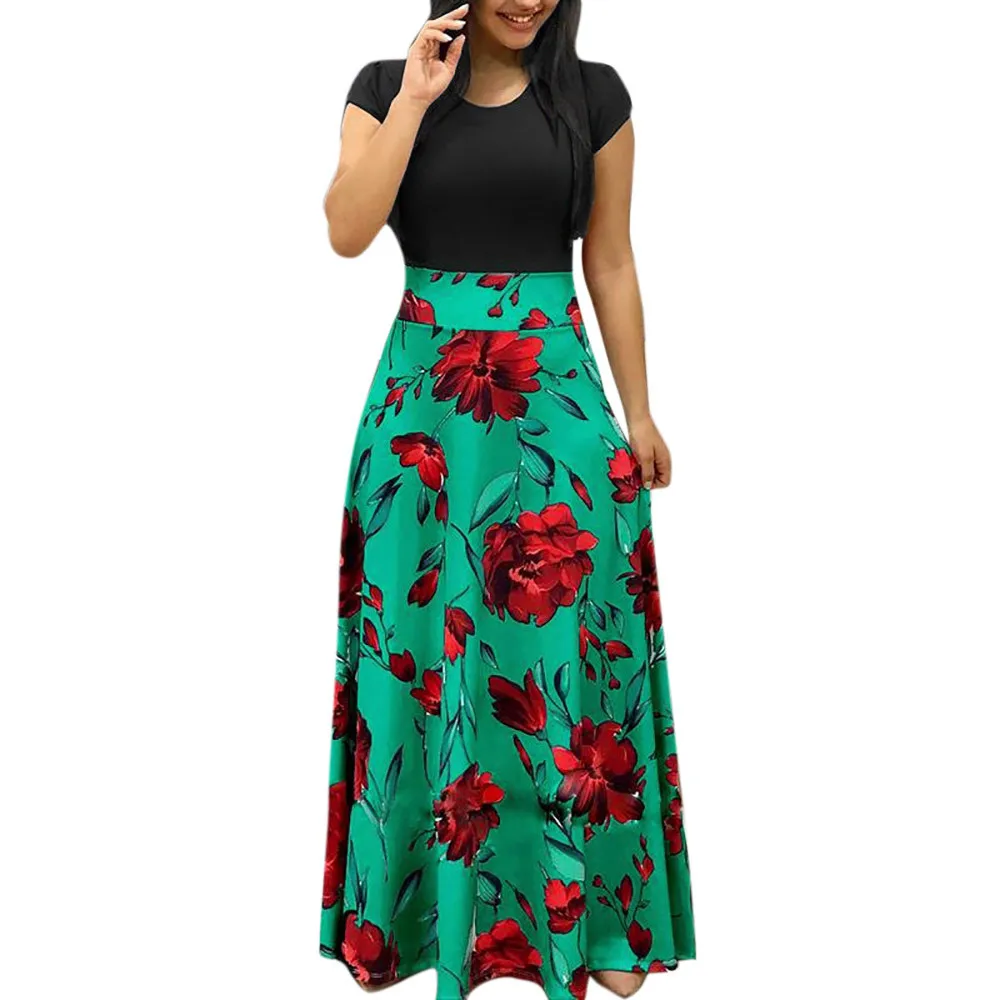 

Womens summer Fashion Casual Floral Printed O-Neck Maxi Dress Short Sleeve Party Empire Long Dress Drop Shipping