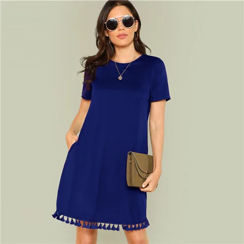 SHEIN женское летнее платье с бахромой и боковыми карманами,, цельное платье-туника с коротким рукавом - Цвет: Синий