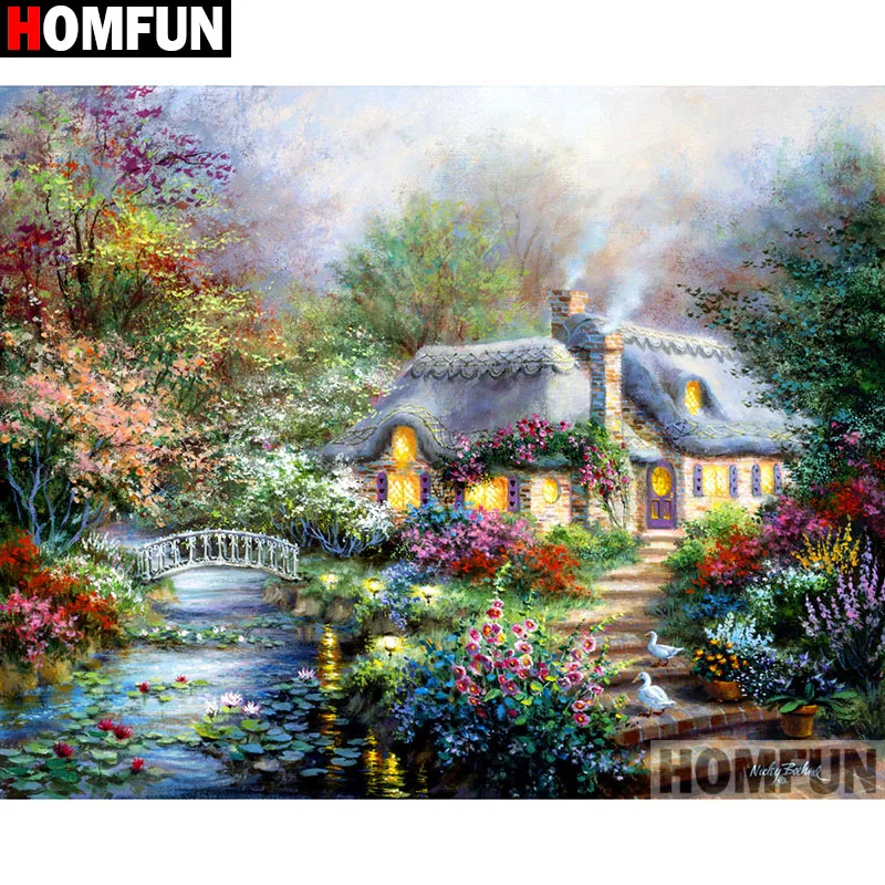 Алмазная 5D картина Дом пейзаж HOMFUN вышивка крестиком с квадратными/круглыми