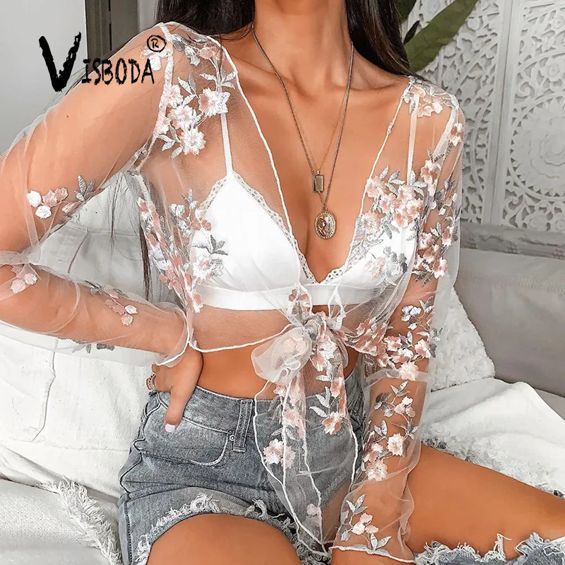 

Women Floral Embroidery Blouse Shirt Lace Up V Neck Cropped Top Fashion Summer Ladies Long Sleeve See Through Sexy Short Shirt