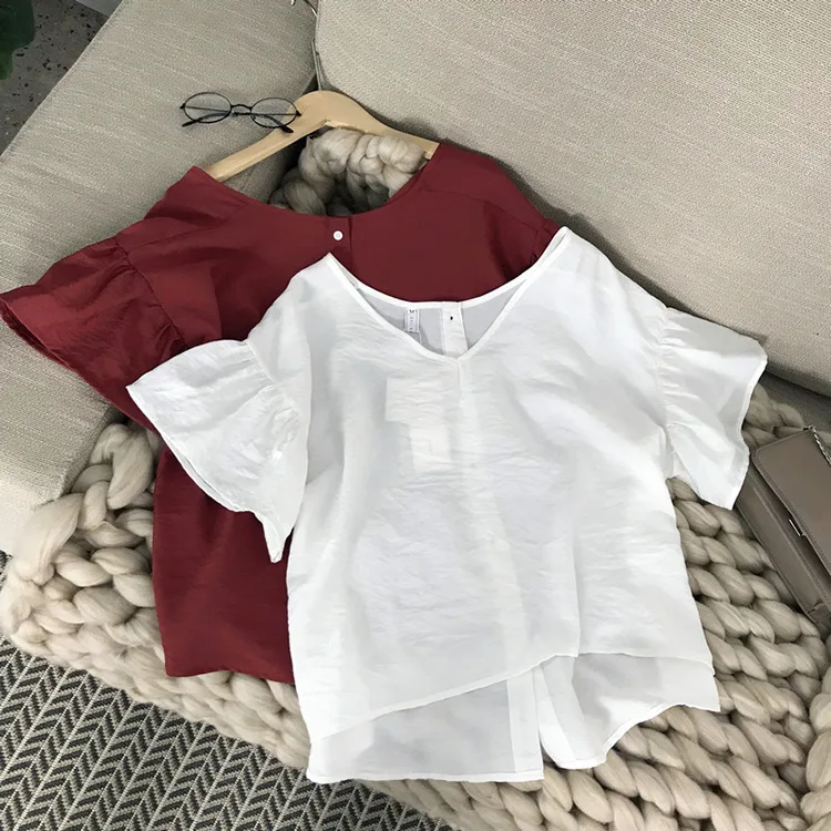 OPZC Summer New Korean Version of The 2018 Simple Solid V-neck Loose Doll Shirt Women's 878 |