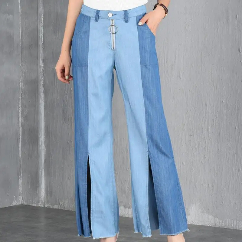 Новые свободные женские джинсы Разделение высокая талия широкие брюки джинсы - Цвет: Синий